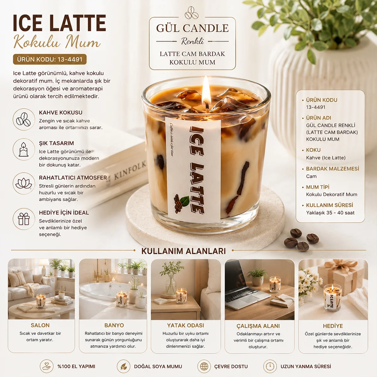 Gül Kokulu Latte Aromalı Cam Bardak Mum görsel 3