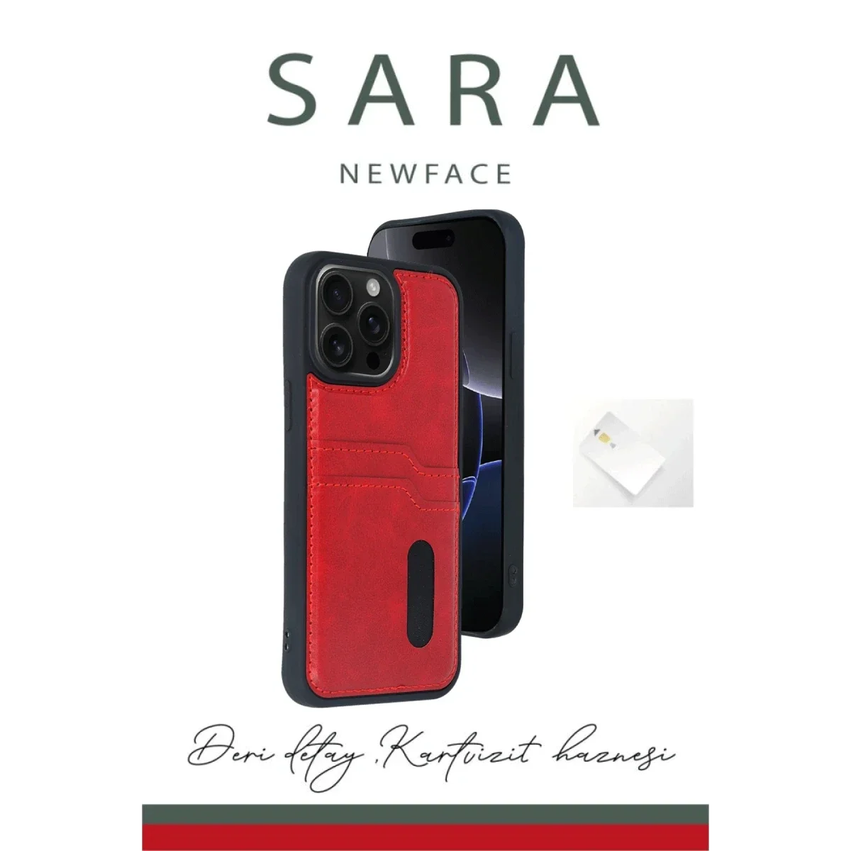 Apple iPhone 16 Kılıf Sara Kartvizitli Deri Kılıf - Kırmızı görsel 3