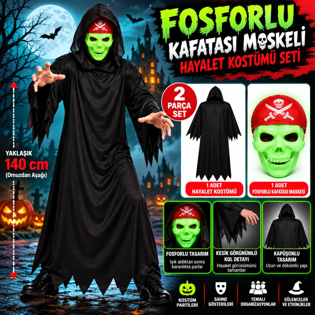 Fosforlu Kafatası Maskeli Siyah Hayalet Kostümü – 140 cm