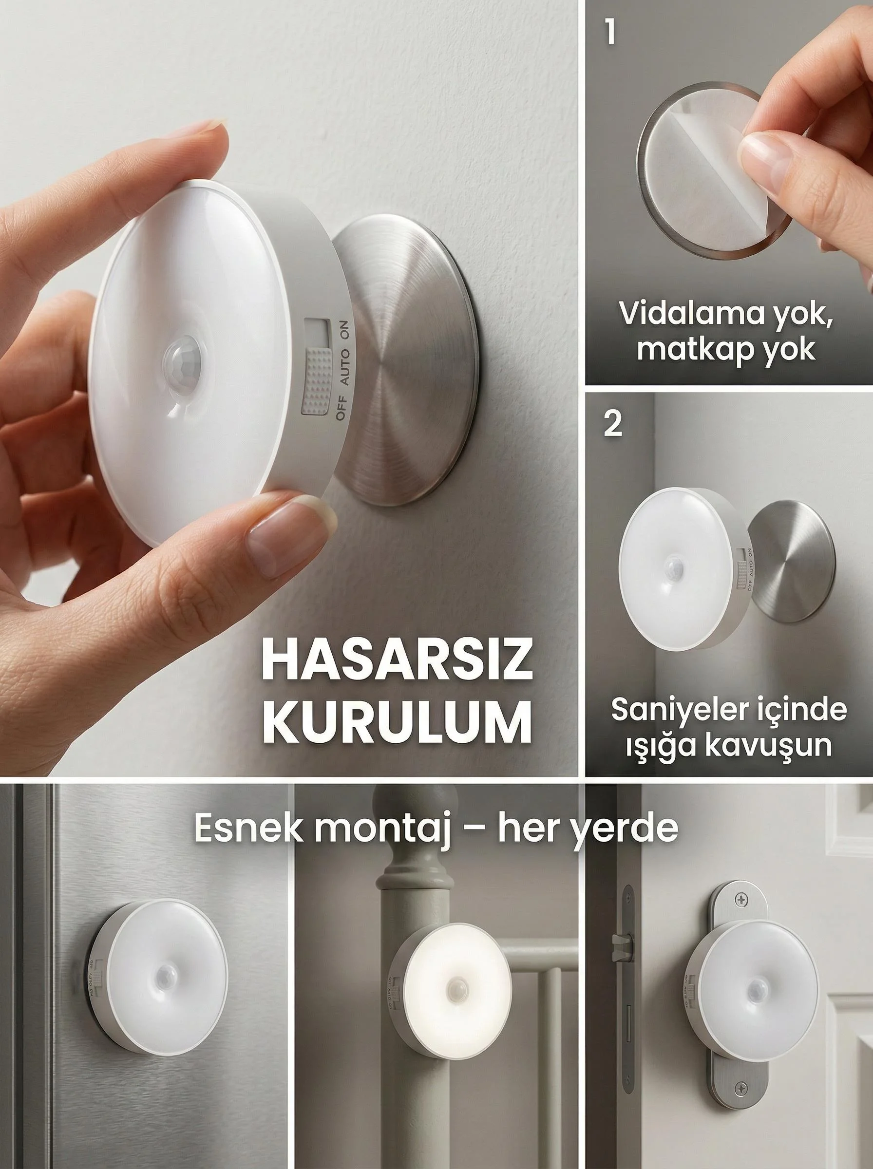 Hareket Sensörlü Yuvarlak LED Aydınlatma & USB Şarjlı Pratik Gece Lambası (8 cm) görsel 4
