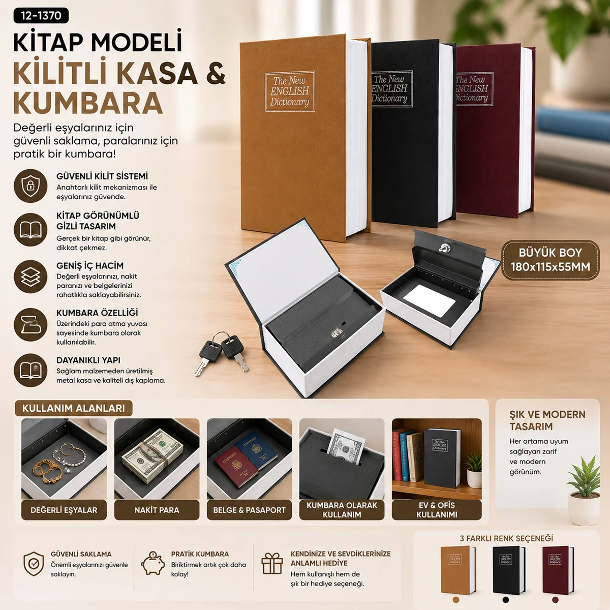Kitap Modeli Kilitli Kasa Kumbara Büyük 180x115x55 mm görsel 4