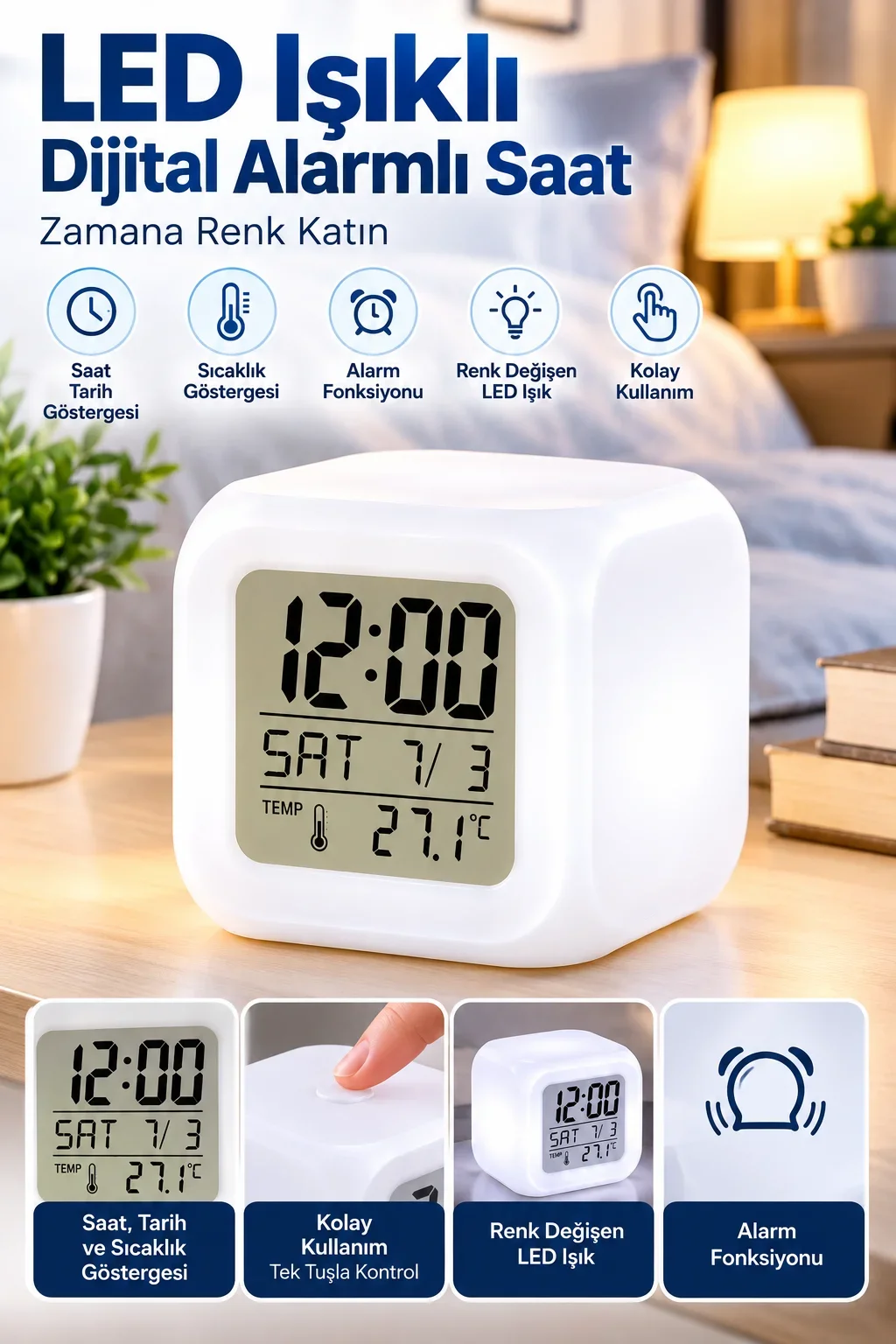 LED Aydınlatmalı Küp Saat Dijital Alarm Tarih ve Sıcaklık Göstergeli