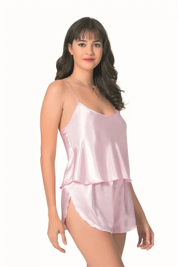 Şık Tasarım Yumuşak Dokulu Pembe Saten Babydoll Şort Takımı