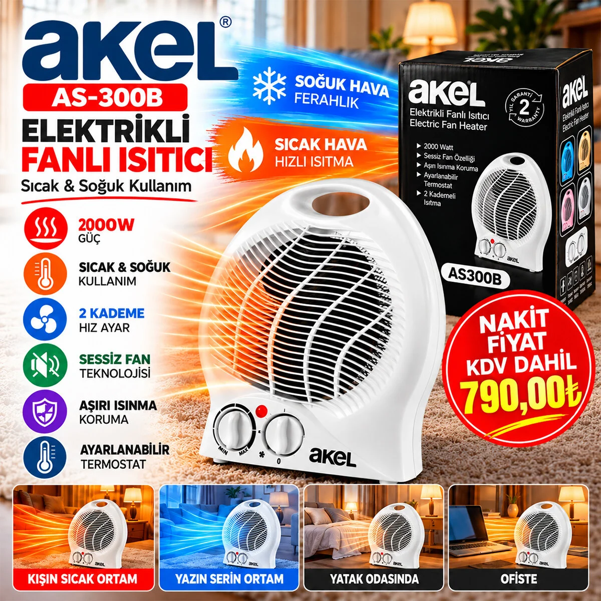 Sıcak - Soğuk Elektrikli Fanlı Isıtıcı 2 Kademe Hız Ayar Hızlı Isıtma - Sessiz Fan 2000W AS-300B görsel 3