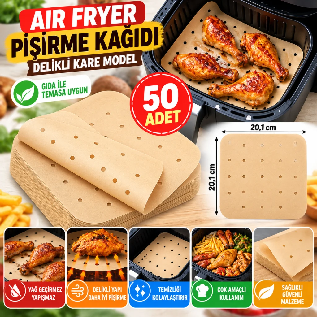 50 Adet Air Fryer Pişirme Kağıdı Tek Kullanımlık Hava Fritöz Yapışmaz Yağlı Kağıt Delikli Model