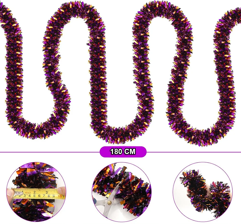 Mor Turuncu Renk 4 cm Genişlik Garland Çift Renk Sim Süs 180 cm görsel 2