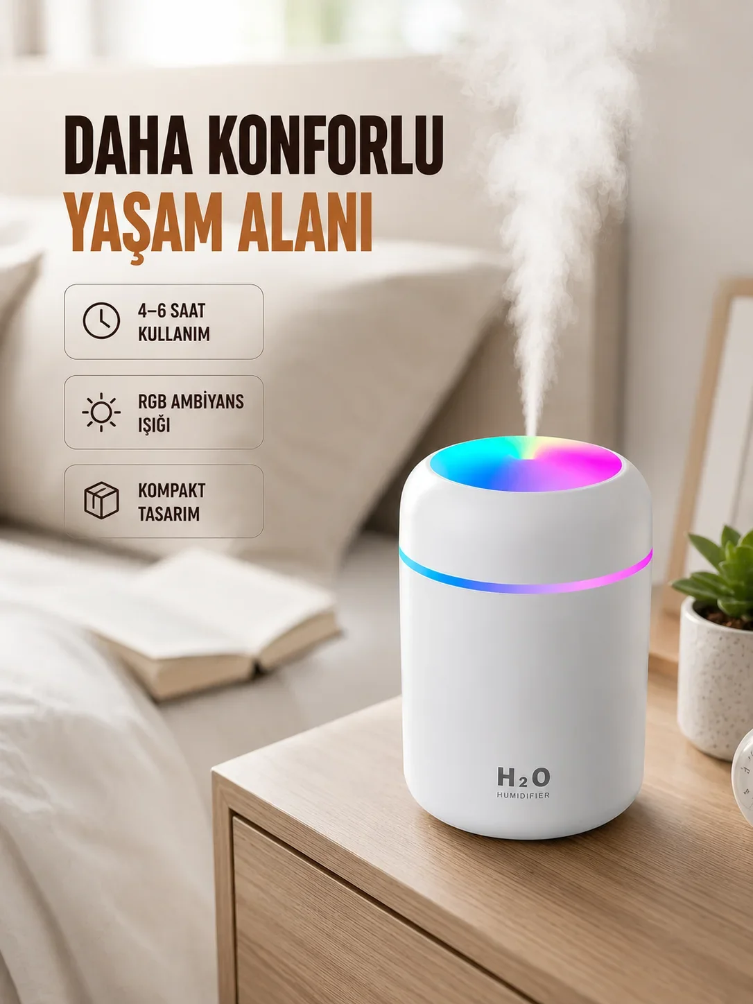 USB Girişli Taşınabilir ni Nemlendirici 300ml Su Hazneli