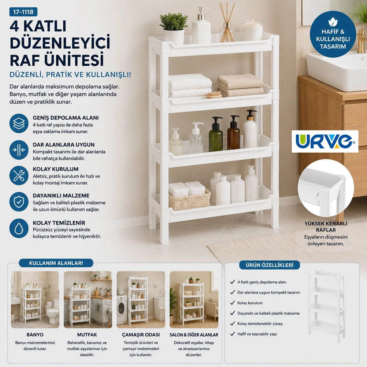 Rafty 4 Katlı Sepet Organizer Düzenleyici Raf Ünitesi 465X145X690MM görsel 2