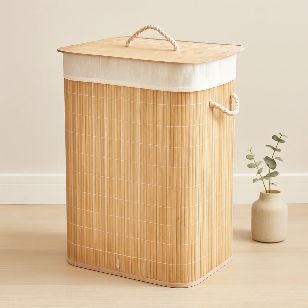 Bambu Kirli Çamaşır Sepeti 40x30x60 cm - Kapaklı İpli Kumaş Torbalı