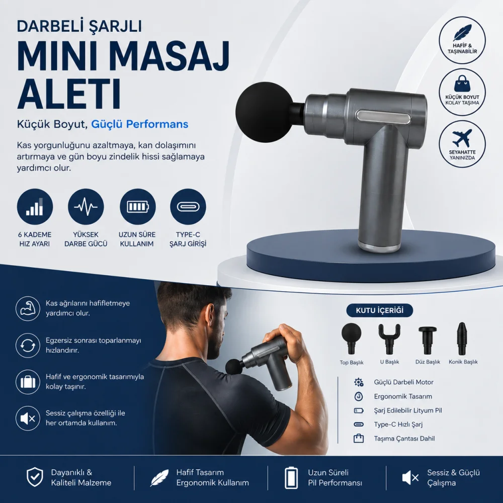 Darbeli Şarjlı Mini Masaj Aleti Type-C Şarjlı | 6 Kademeli | Sessiz | Sporcu Masaj Cihazı görsel 2