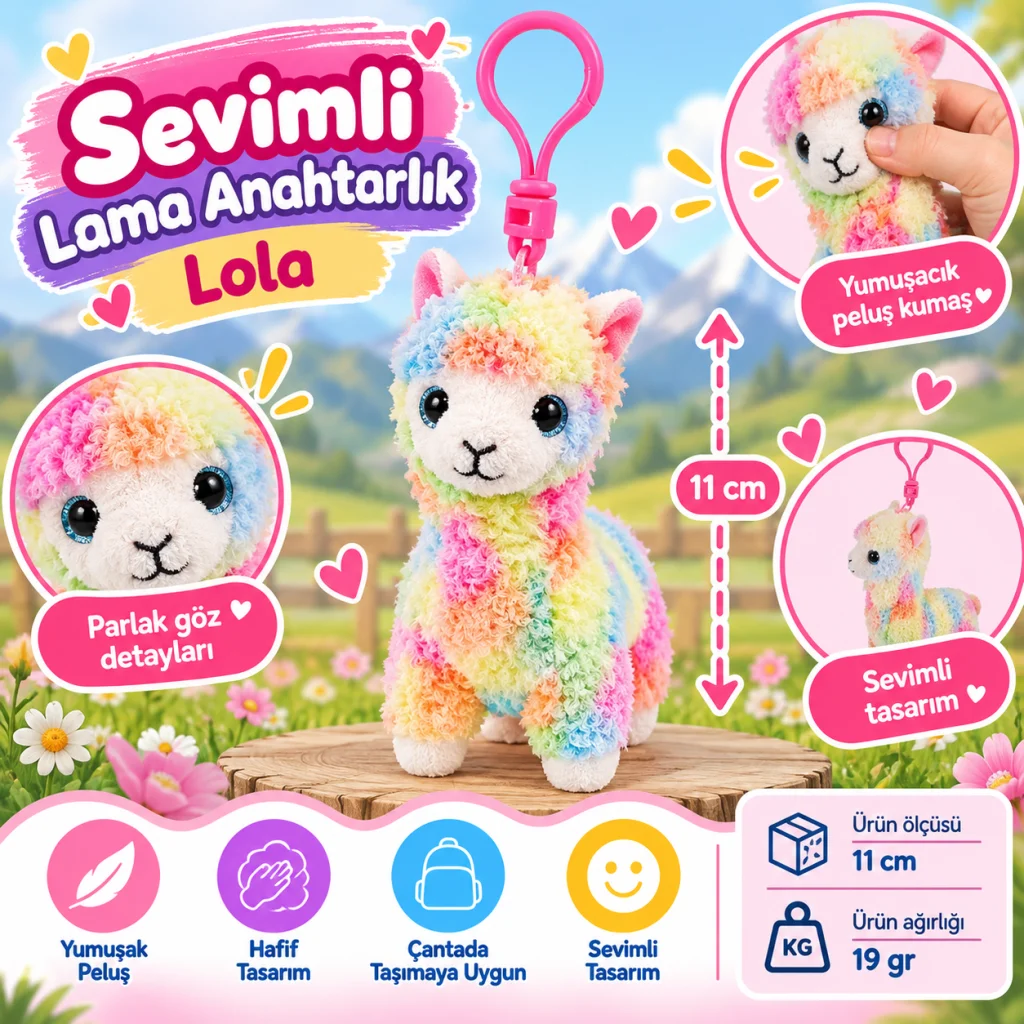 Peluş Renkli Lama Anahtarlık Lola