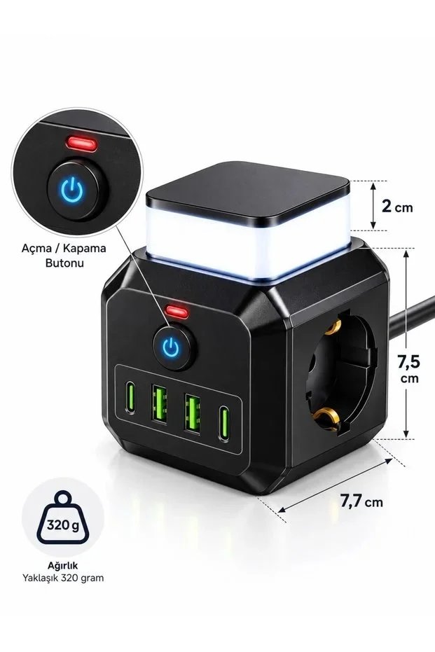 Akım Korumalı 3’lü Priz 2200W 1050J 10A Gece Lambalı 2 USB 2 Type-C Şarj Girişli Bsp-4 görsel 5