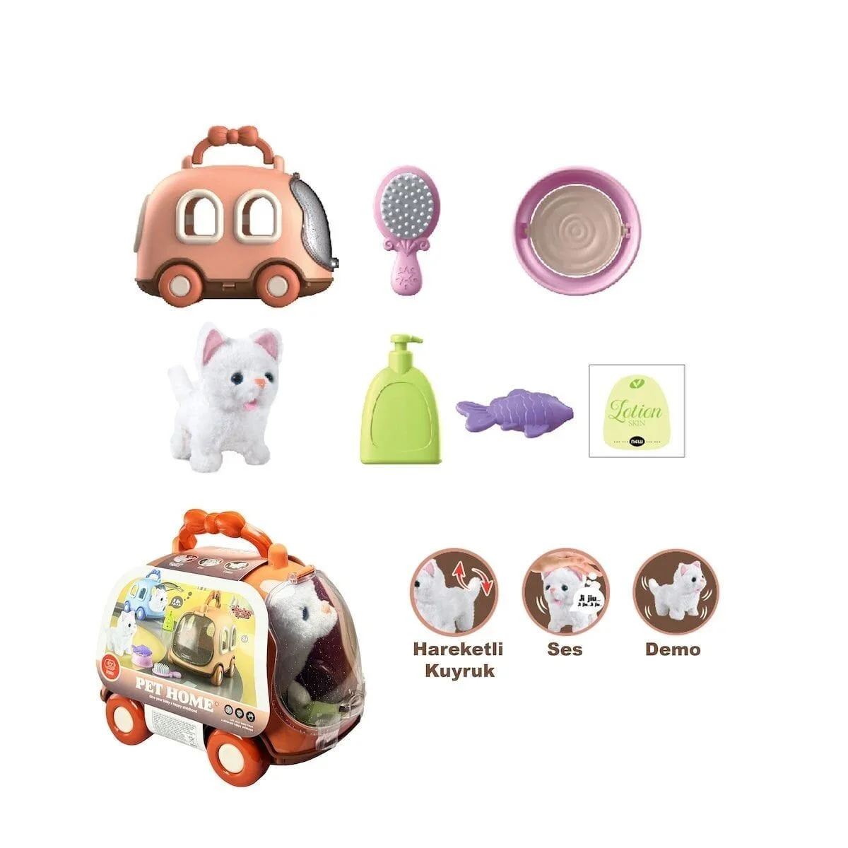 JND-6801 Taşıma Araba Çantalı Hareketli Pilli Kedi Set -Vardem Oyuncak görsel 4