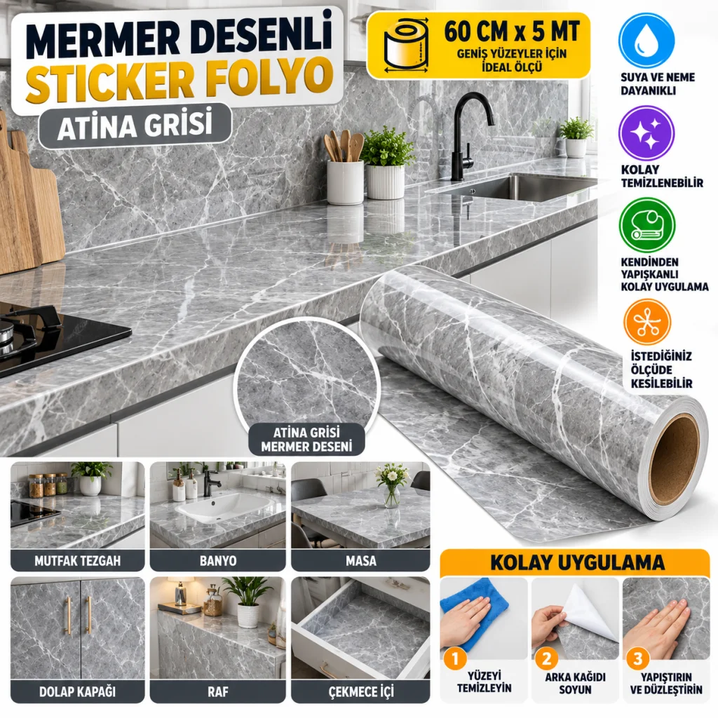 Mermer Desenli Sticker Folyo Atina Grisi 60CM*5MT