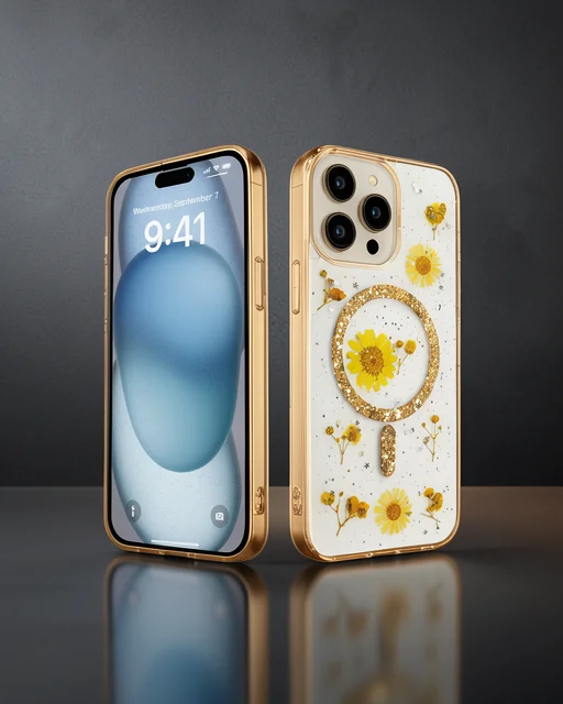 Apple İphone 15 Pro Max Kılıf Daisy Simli Magsafe Kapak - Gold