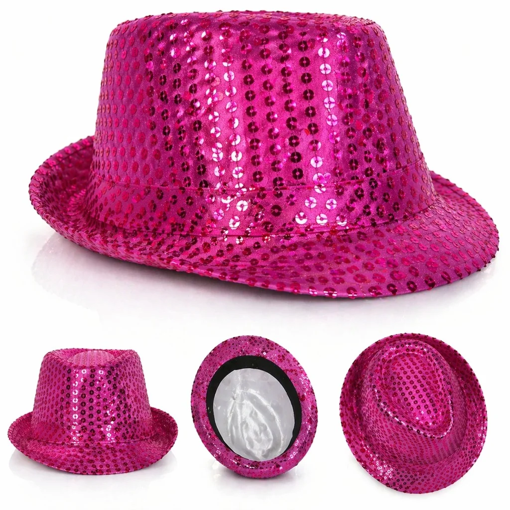 Fuşya Pembe Payetli Disco Parti Şapkası Yetişkin Işıltılı Fötr Model görsel 2