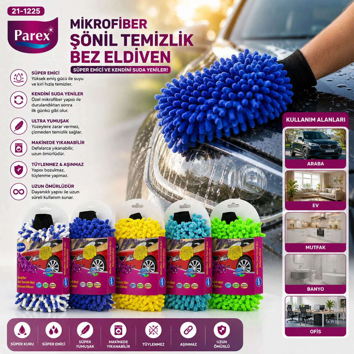 Mikrofiber Şönil Oto Yıkama Eldiveni görsel 3