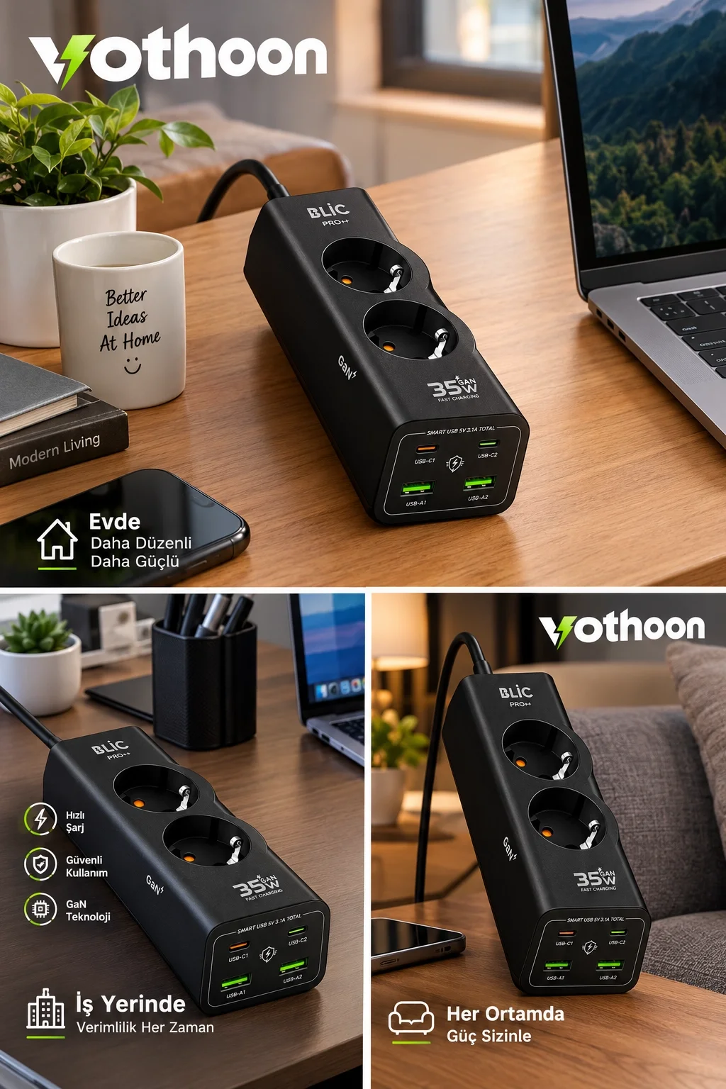 Akım Korumalı Priz 2 AC Soket 2 USB-A 2 USB-C 35W Hızlı Şarj 1050J Koruma 2 Mt Kablo 2200W görsel 3