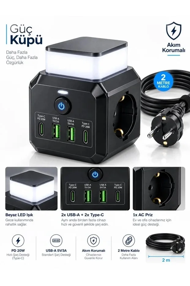 Akım Korumalı 3’lü Priz 2200W 1050J 10A Gece Lambalı 2 USB 2 Type-C Şarj Girişli Bsp-4 görsel 3