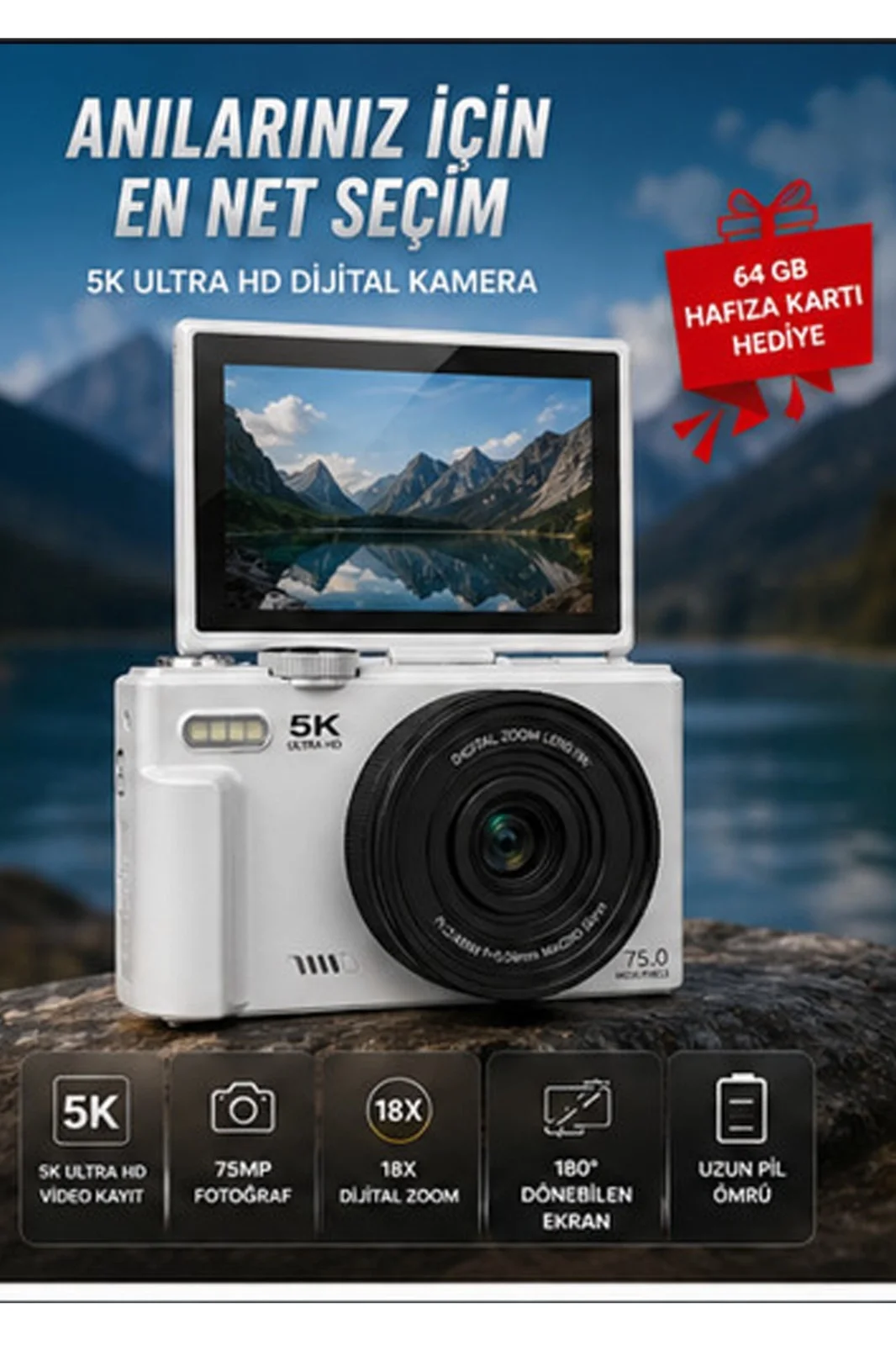 5K 75MP HD Dijital Kamera 18X Dijital Zoom, Flaşlı,3.0 inç Ekranlı Fotoğraf Makinesi görsel 2