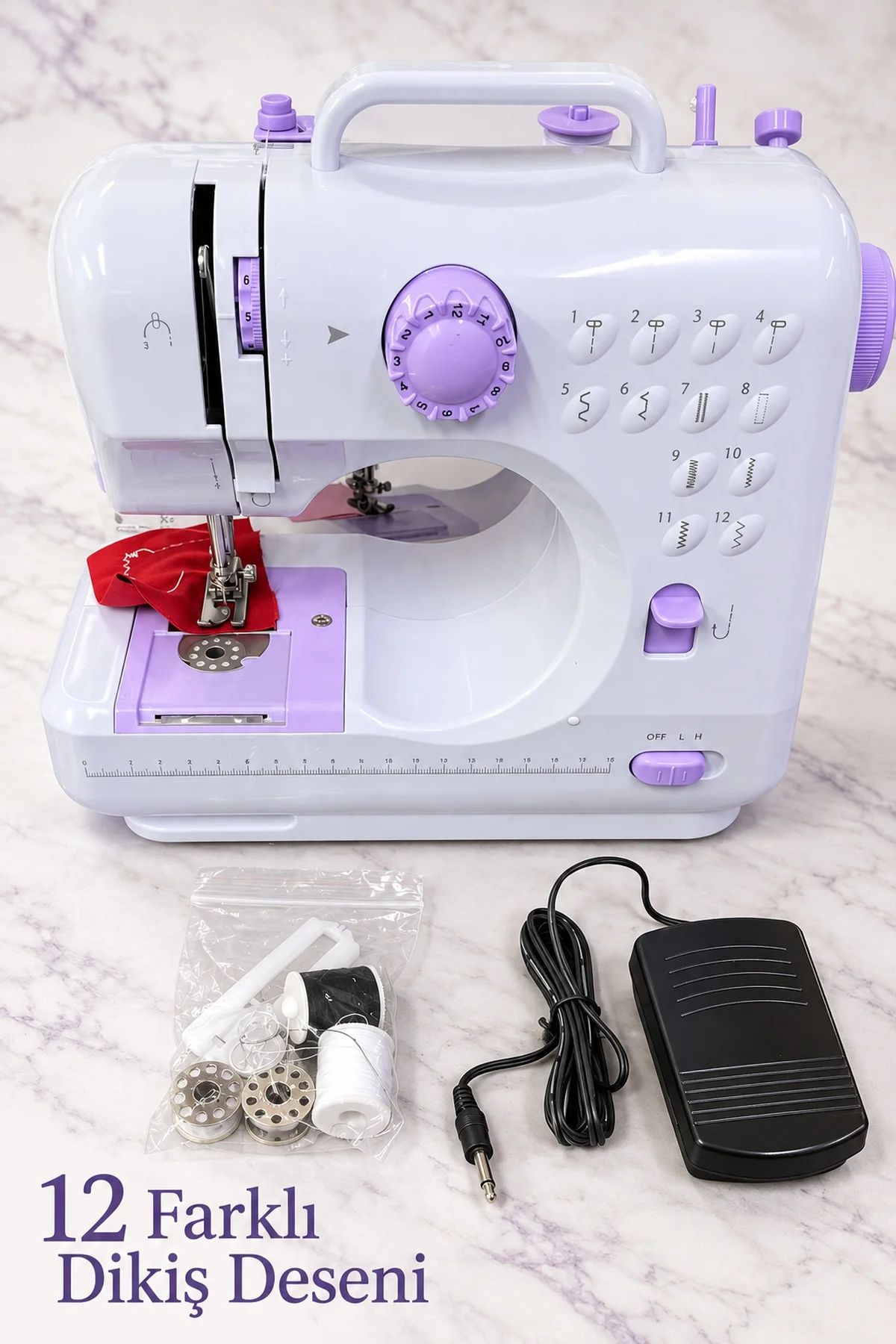 Ayak Pedallı Dikiş Makinesi Beyaz Lila Mini Tasarım görsel 3