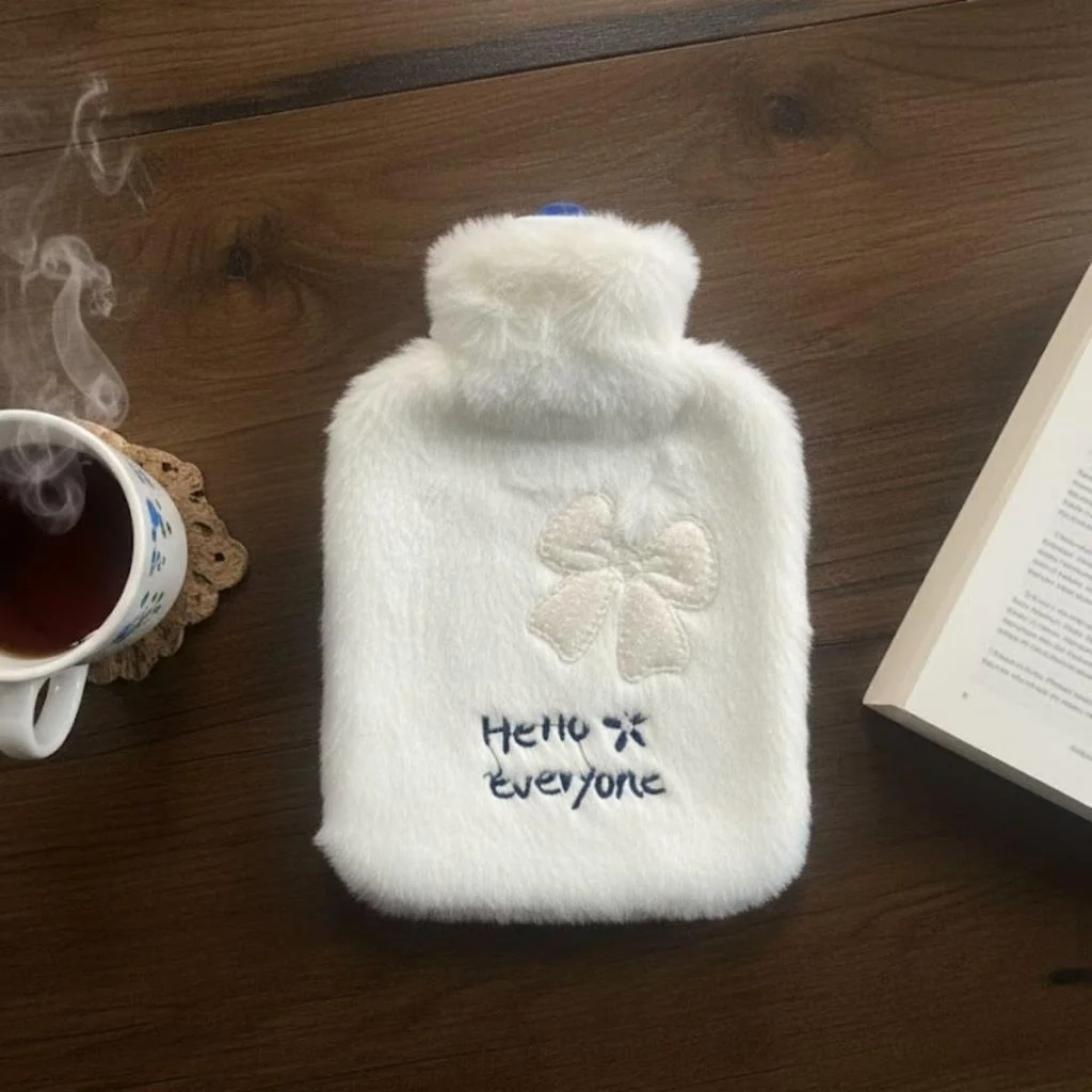 Hello Everyone Yazılı Kurdeleli Beyaz Peluş Sıcak Su Torbası 1 Lt – Yumuşak Kılıf, Uzun Süre Sıcak Tutan Termal Su Torbası görsel 4