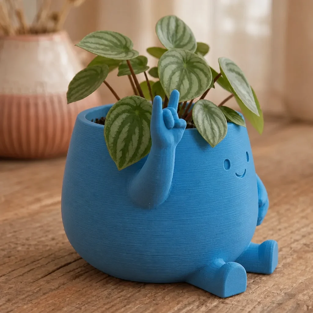 3D Baskı Smiley Face Planter - Gülümseyen Karakterli Saksı-Mavi görsel 2