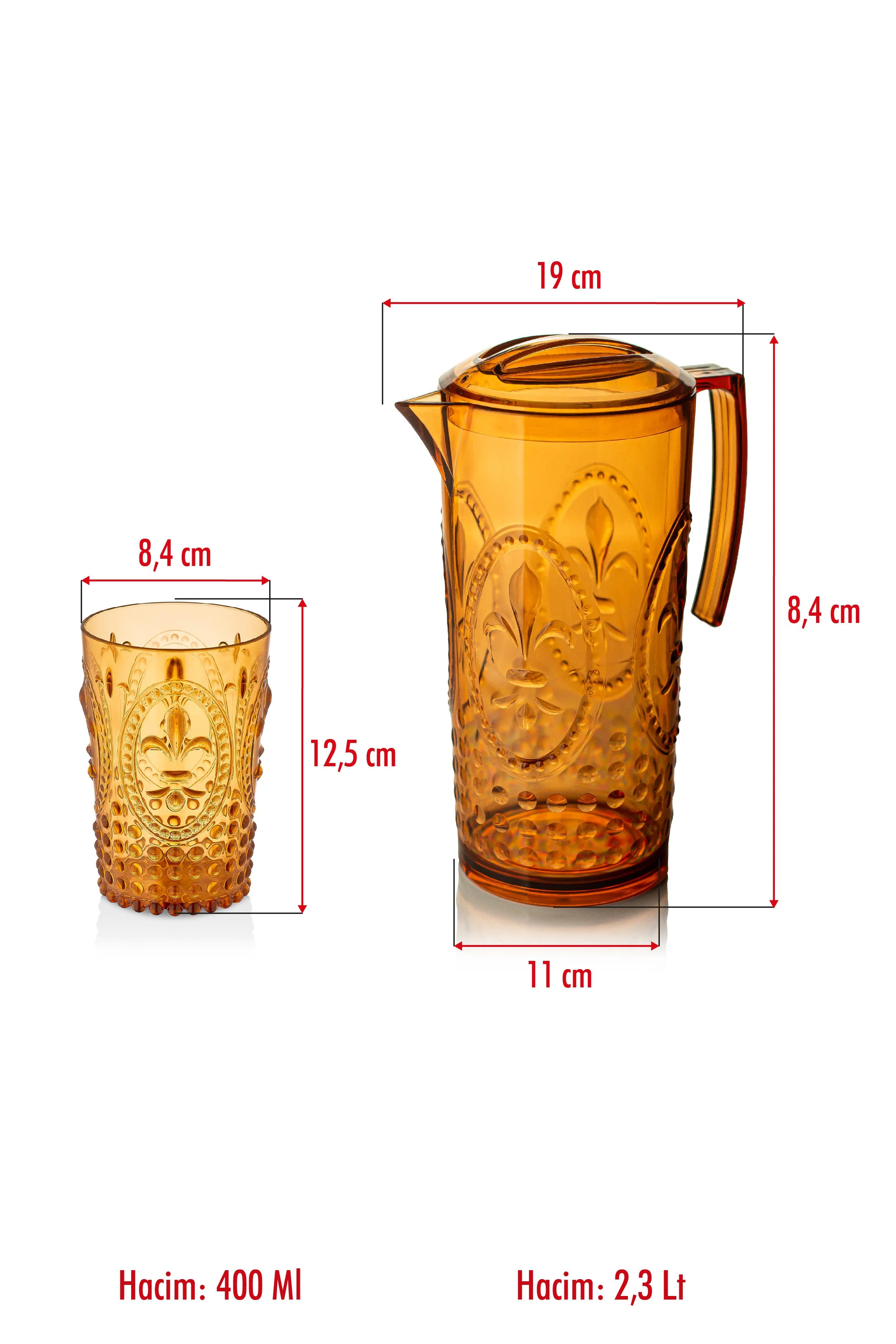 Akrilik Bal Sürahi 2,3 lt Ve 6'lı Su Meşrubat Kahve Yanı Bardağı 400 ml Seti ( Cam Değildir ) görsel 5