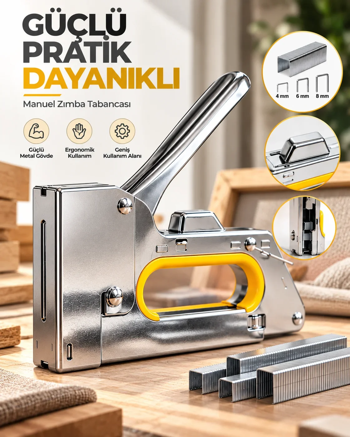 Güçlü Metal Gövdeli Manuel Zımba Tabancası No.13 4-6-8 mm Döşeme Kumaş Ahşap Sabitleme
