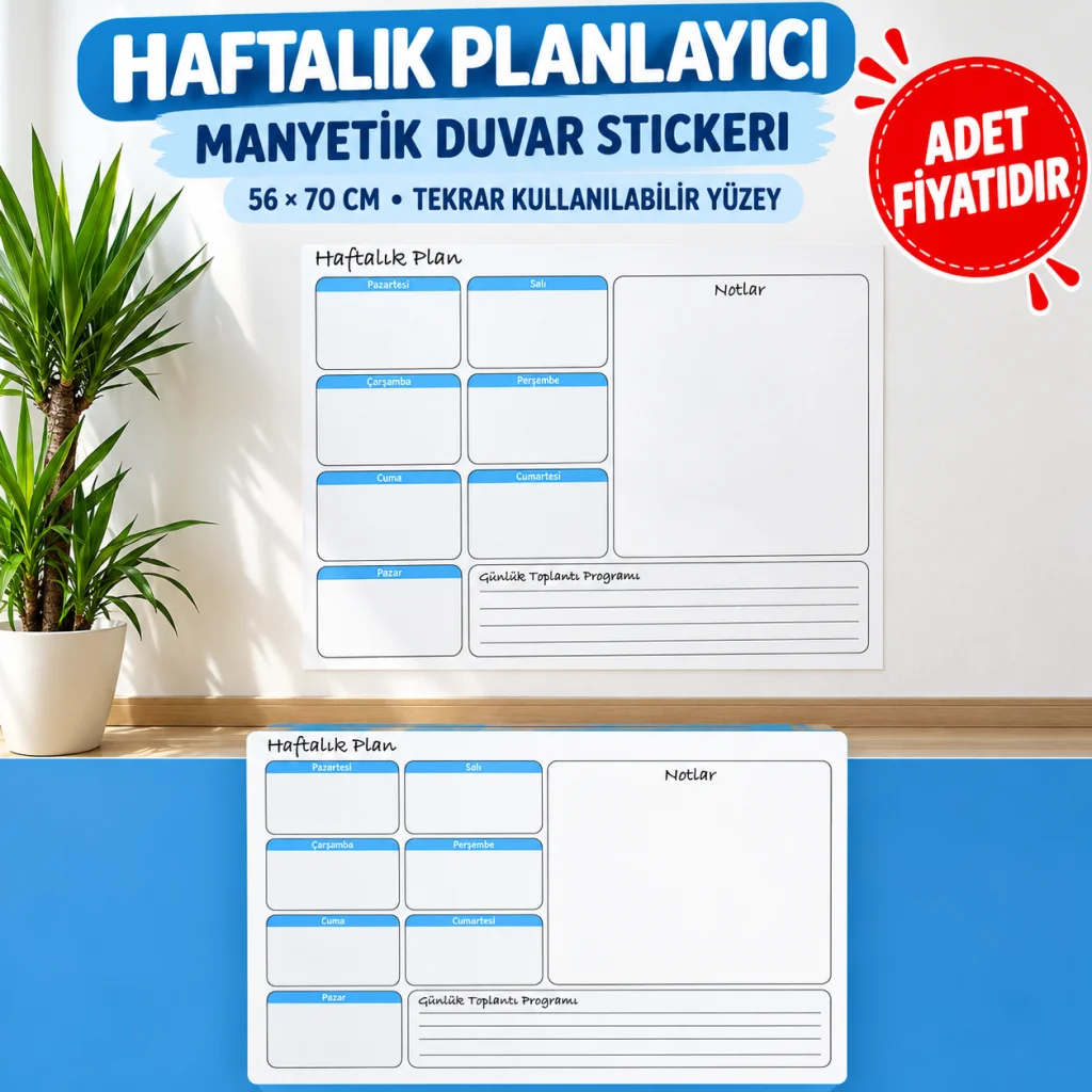 Haftalık Planlayıcı Manyetik Duvar Stickerı Takvim 56 cm x 70 cm