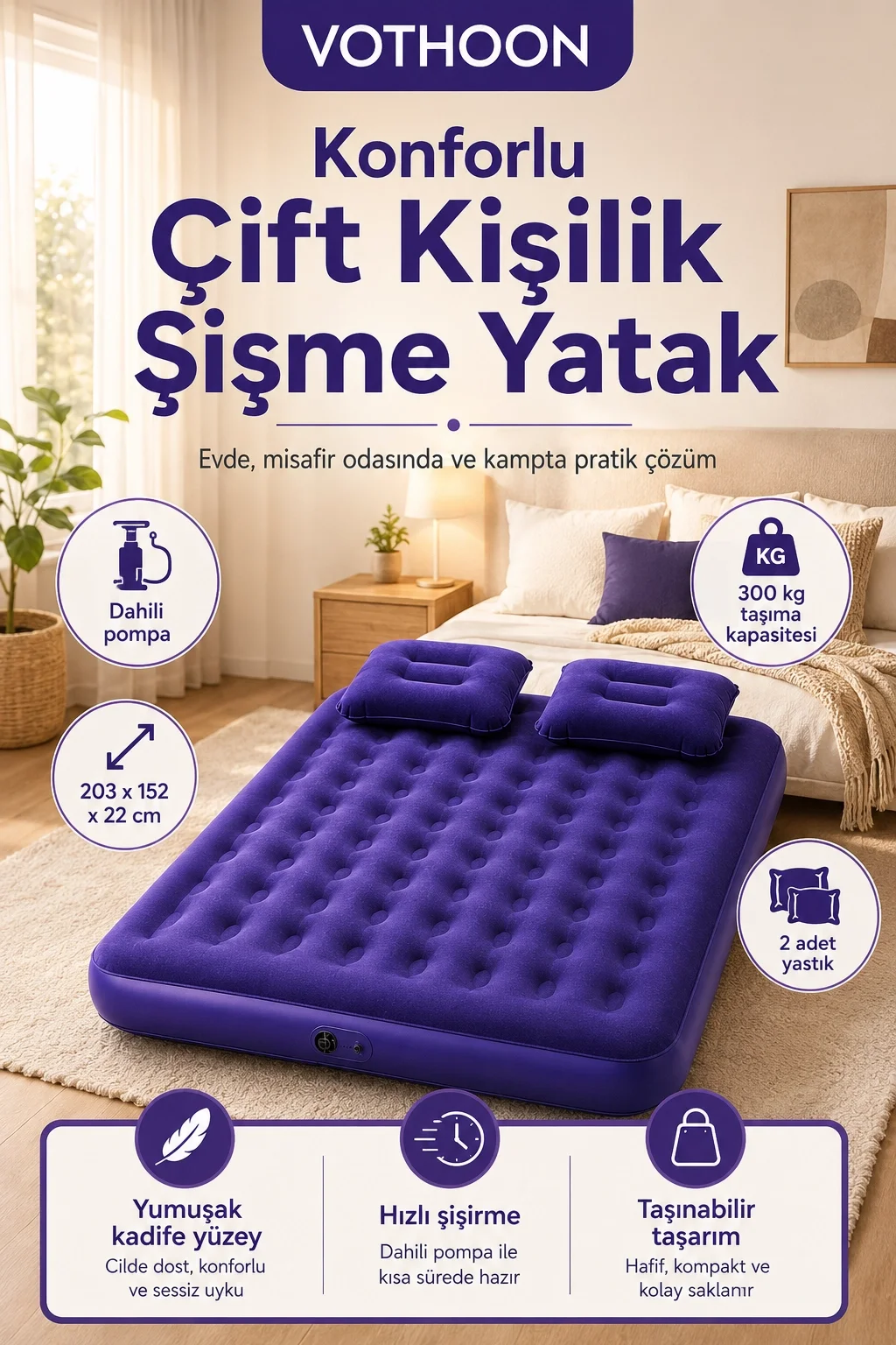Vothoon Çift Kişilik Şişme Yatak Dahili Pompalı 203x152x22 cm 2 Yastıklı görsel 2