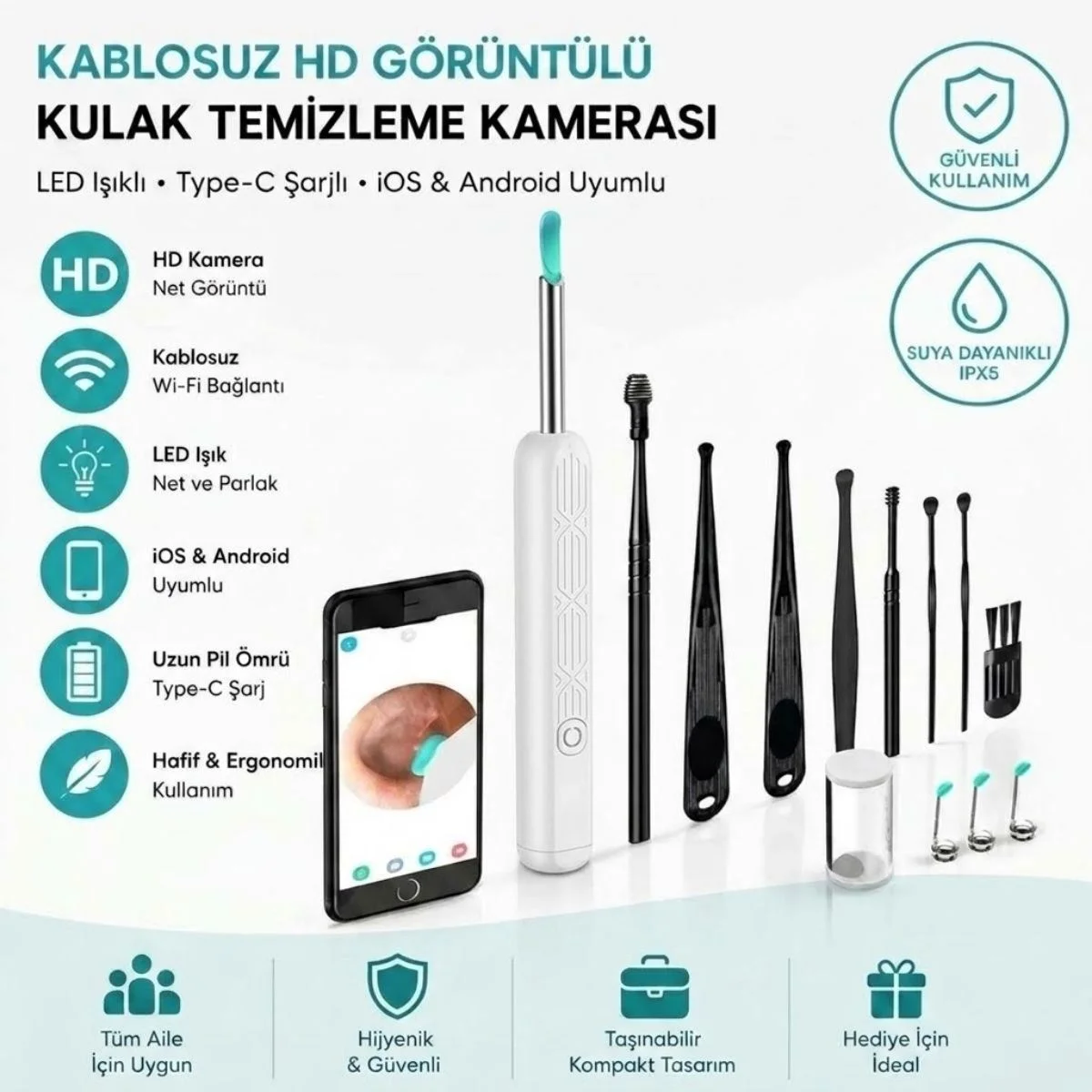 Beyaz Kablosuz HD Görüntülü Kulak Temizleme Kamerası, LED Işıklı Type-C Şarjlı iOS ve Android Uyumlu Kulak Temizleme Seti