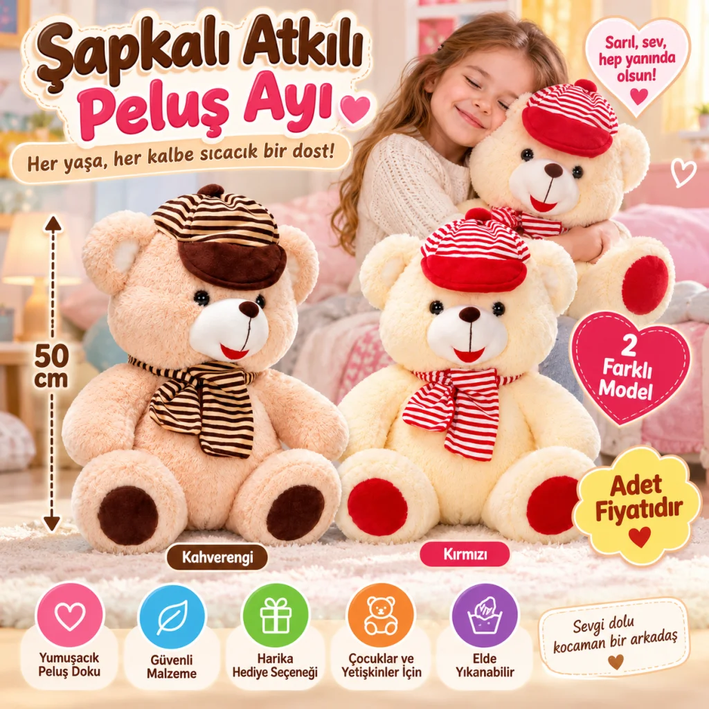 1001521 PELUŞ AYI OTURAN ŞAPKALI ATKILI 50CM 2R (adet fiyatıdır) görsel 3
