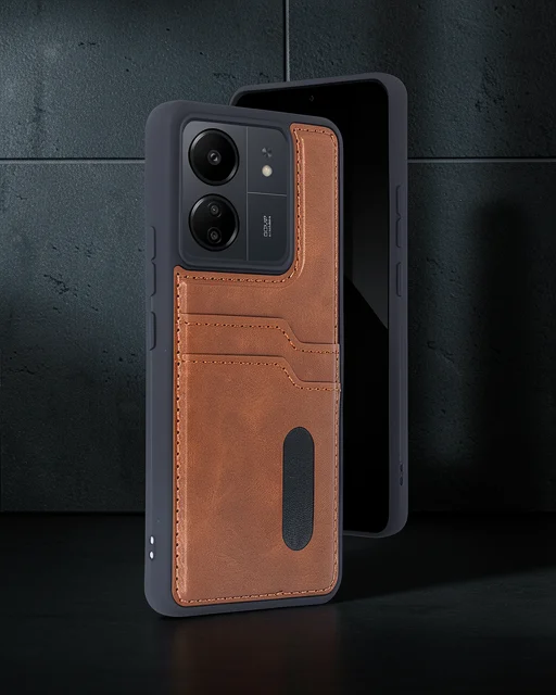 Xiaomi Redmi 13c Kılıf Sara Kartvizitli Deri Kılıf - Taba