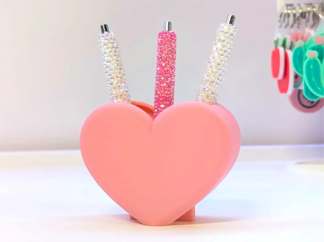 3D Baskı Kalp Şekilli Kalemlik - Masaüstü Organizer - Pembe