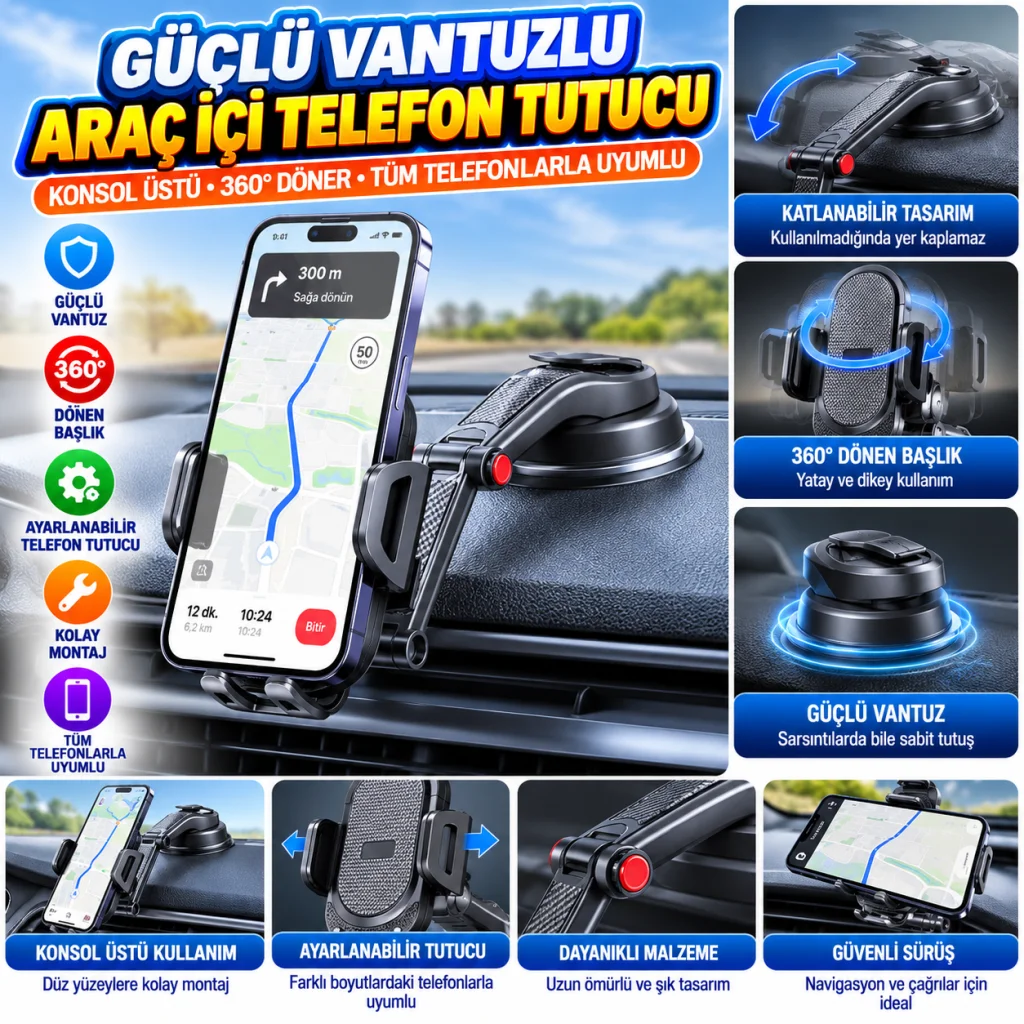 Güçlü Vantuzlu Araç İçi Konsol Üstü Telefon Tutucu Aparat