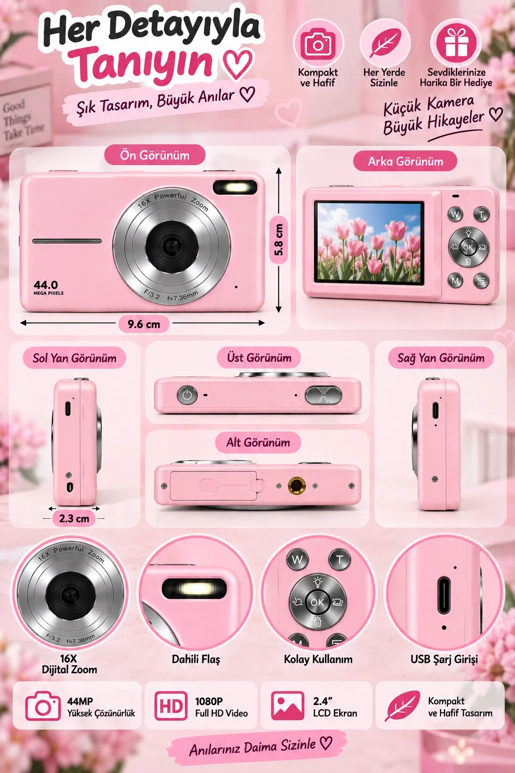 4K Figürlü Çantalı Dijital Video Kamera 44MP 16X Zoom Işıklı Kart Dijital Fotoğraf Makinesi 64gb Hafıza Kart Hediyeli pembe görsel 2