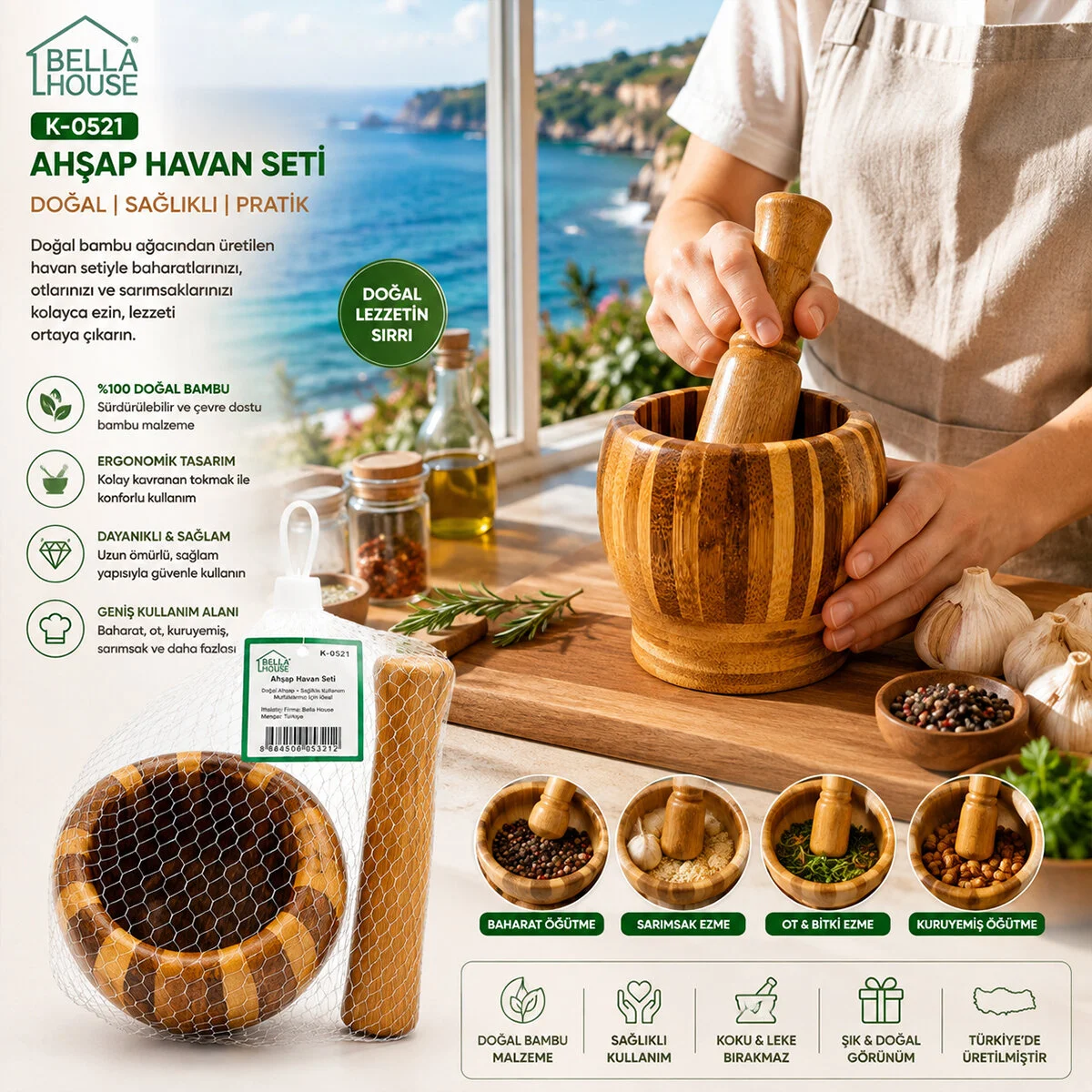 Ahşap Bambu - Çizgili Havan Sarımsak Dövecek Ç: 8CM--D: 7CM--Y:10.5CM Fileli Ambalaj görsel 4