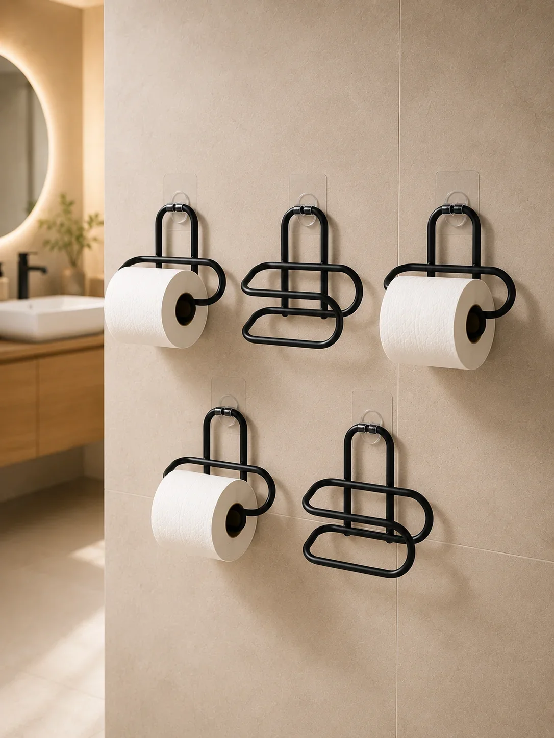 Delmeden Monte Tuvalet Kağıdı Askısı Siyah Metal Yapışkanlı Banyo Kağıtlığı 5’li Set görsel 4