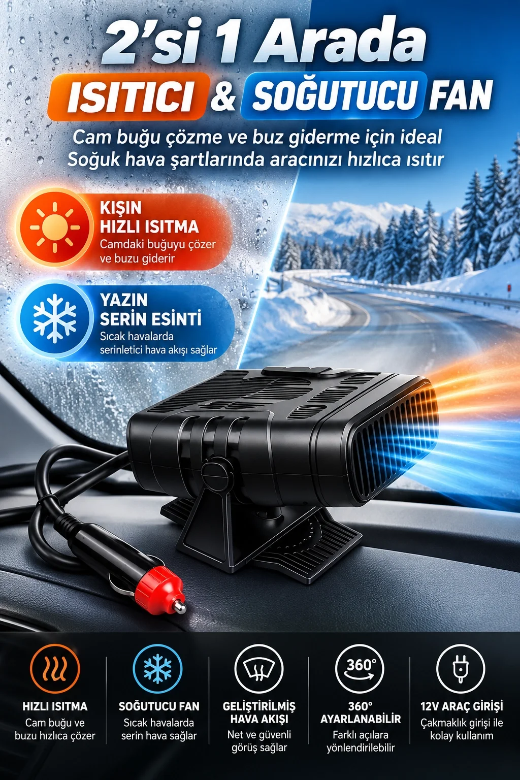 12V Araç İçi Cam Buğu Çözücü Isıtıcı Fan 2’si 1 Arada Sıcak Soğuk Hava Üfleyici Buz Çözücü