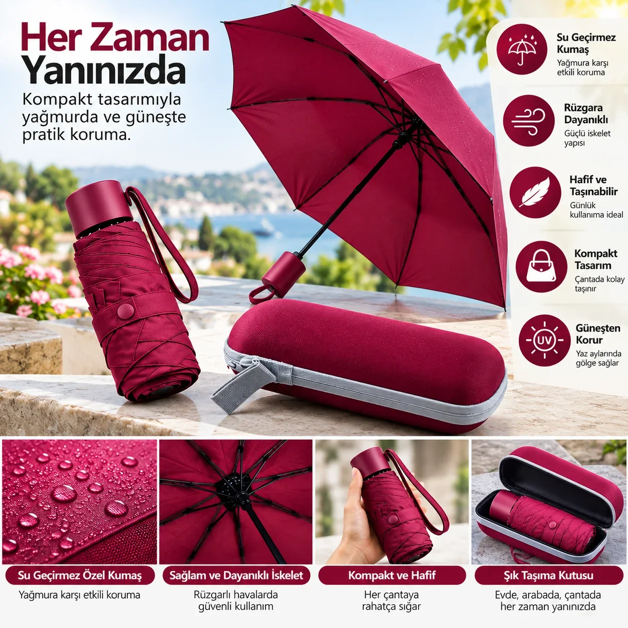 Kapsül Şemsiye Bordo görsel 5