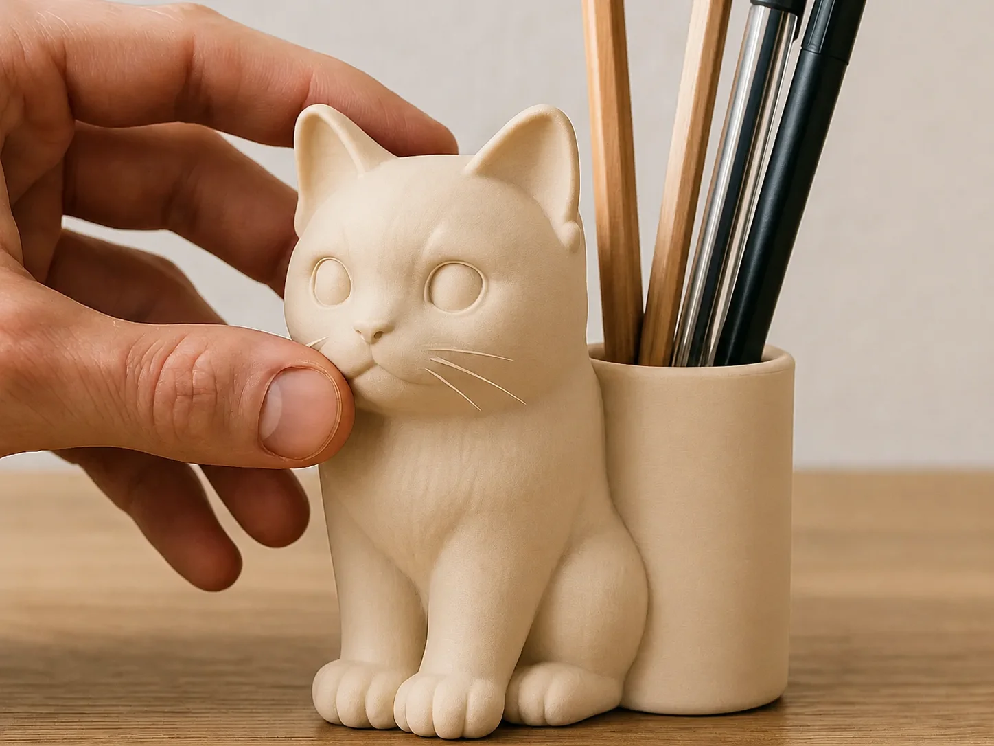 3D Baskı Kedi Figürlü Kalemlik - Masaüstü Organizer - Bej