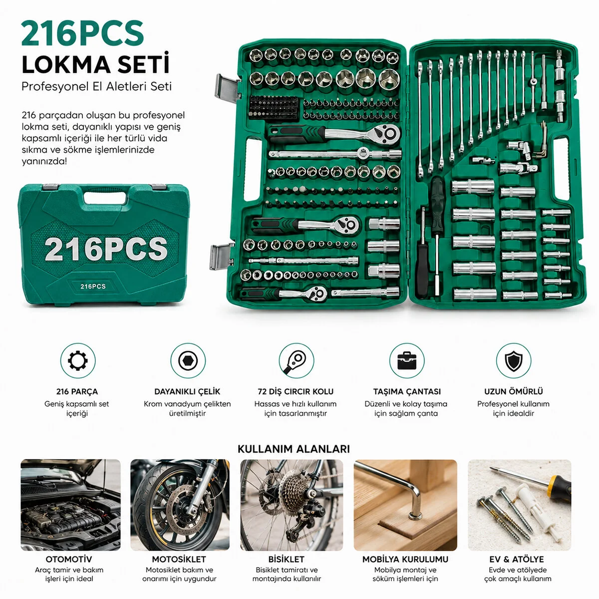 216PCS Lokma Seti Lokma - Soket - Bits Adaptör - 3AD.CIRCIR Kolu Plastik Çantalı