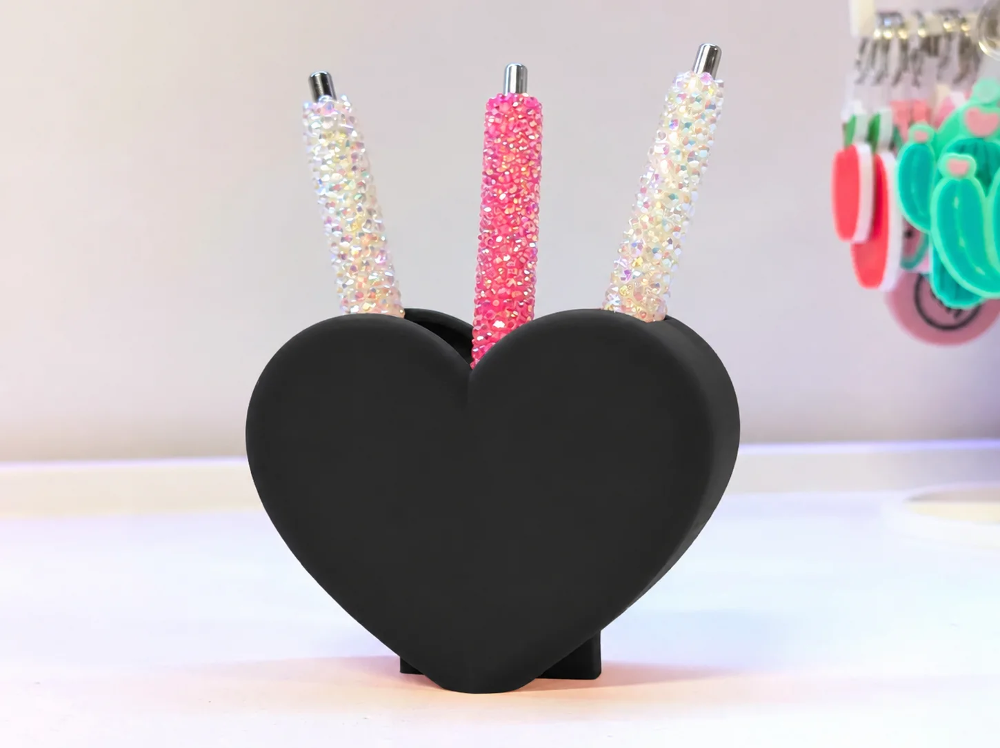3D Baskı Kalp Şekilli Kalemlik - Masaüstü Organizer - Siyah
