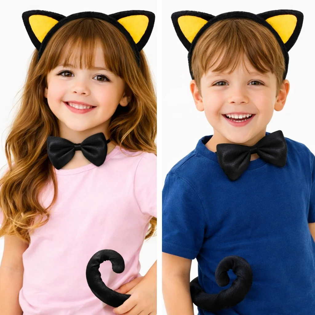 Sarı Kulaklı Kedi Kostüm Seti – Taç Papyon Kuyruk 3 Parça görsel 2