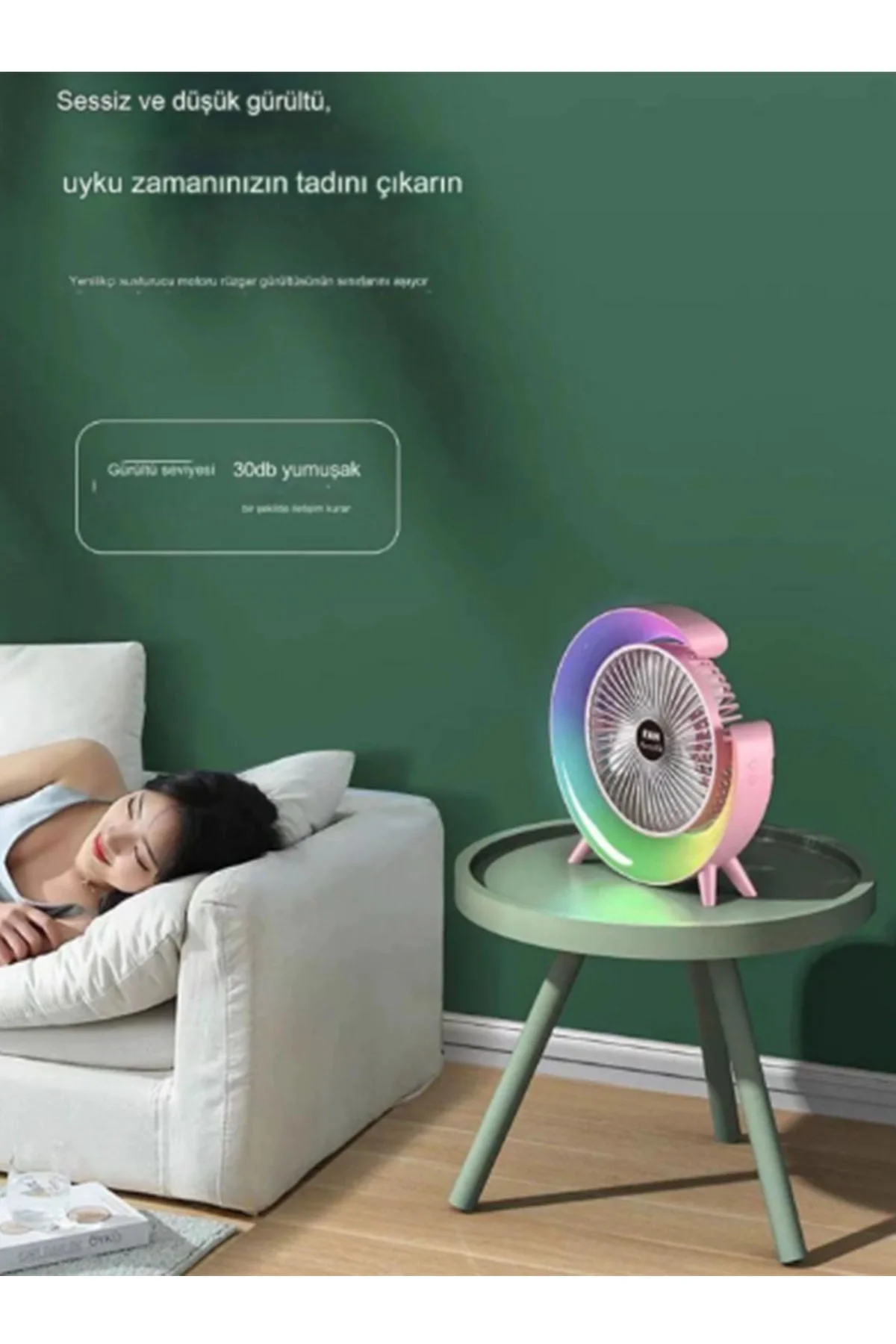 Masaüstü Vantilatör Usb Şarjlı Rgb Led Işıklı 3 Kademeli 180° Ayarlanabilir Soğutucu Fan Mavi görsel 3