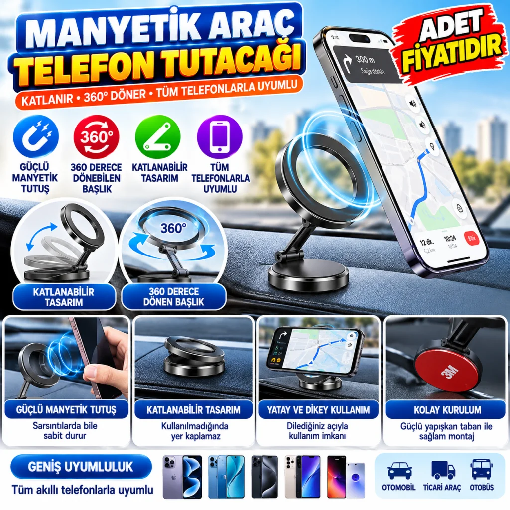 Tüm Telefonlarla Uyumlu Manyetik Araç Telefonu Tutacağı Katlanır 360 Derece Dönen Telefon Standı