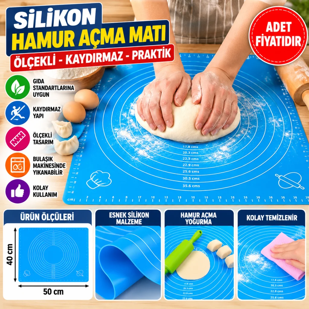 40*50 cm Silikon Ölçekli Kullanımı Kolay Hamur Açma Matı Ekmek Mantı Makarna Hamuru Yoğurma (adet fiyatıdır)