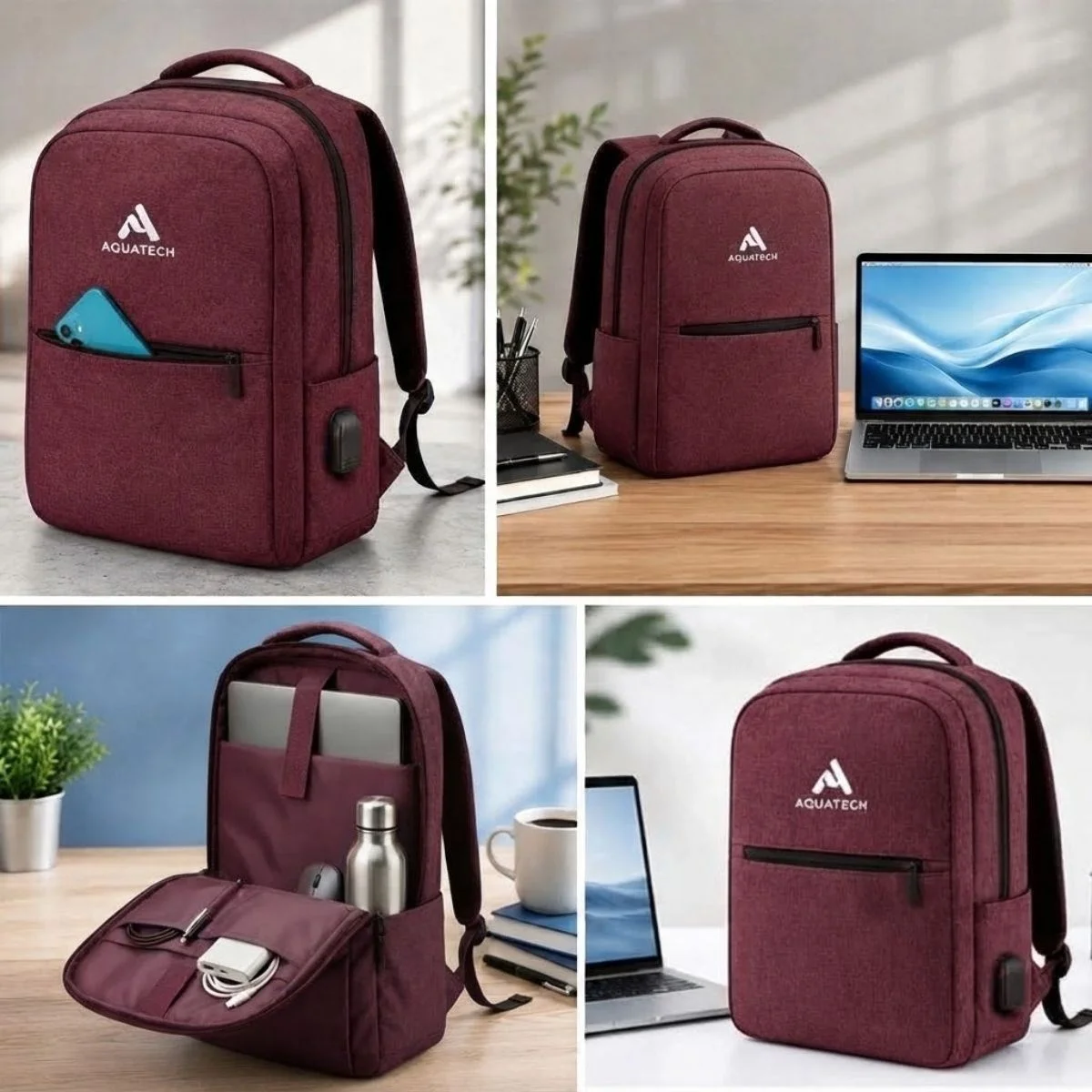 Bordo Laptop Sırt Çantası, Bilgisayar Korumalı İç Bölmeli Notebook Çantası, Organizer Cepli ve USB Şarj Portlu görsel 4