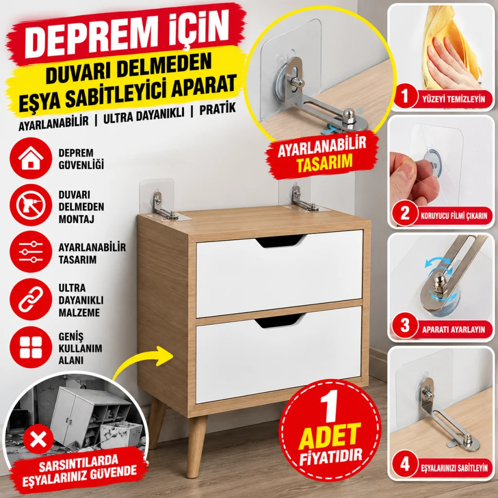 Deprem İçin Ultra Dayanıklı Çivisiz Duvarı Delmeden Ayarlanabilir Eşya Sabitleyici Aparat(adet fiyatıdır)